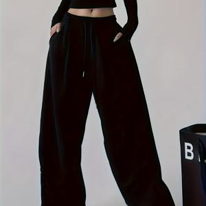 TEMU 여성용 오버사이즈 하이웨스트 와이드 레그 바지 - 솔리드 블랙 캐주얼 팬츠, 포켓 있는 루즈한 직선형 디자인 (봄/가을), 일본식-한국식 이지 캐주얼룩, 긴 길이 편안한 바지 (캐주얼에서 정장까지) - 다재다능한 아우터웨어, 릴렉스핏, 손세탁만 가능, 단색, 대형 사이즈도 있음, 레이어링에 적합, 고허리 바지, 엑스트라롱 팬츠