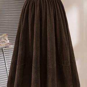 TEMU 플러스 사이즈, 여성용 우아한 롱 A라인 맥시 스커트 - 겨울용 따뜻한 코듀로이 느낌 소재 (논스트레치) 브라운 솔리드 컬러, 가을/겨울용 와이드 스윙 스커트, 캐주얼부터 포멀웨어, 오피스, 웨딩 & 파티 - 다용도 - 롱 스커트