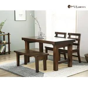 소나무 통원목 4인용1500큰식탁 (등받이의자2개+긴의자1개)