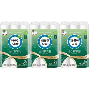 깨끗한나라 3겹데코 순수 프리미엄 화장지 33mx30롤x3개/ 무형광/ 천연펄프/ 두루마리