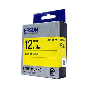 엡손 SC12Y 노랑 바탕 검정 글씨 / 라벨테이프 / PX 타입 / 정품 / 12mm x 9M / 라벨 카트리지