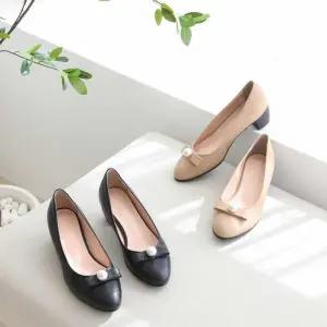 ONM 진주 포인트 리본 장식 데일리 컬러 미들굽 펌프스