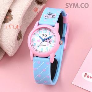 큐앤큐 VR99J-007Y 학습에 좋은 러블리 캣 캐릭터 어린이 아동 우레탄 시계 c