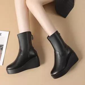 여자 신발 스타일 워커힐 추동 두겹 소가죽 통굽 앵클부츠 가보시 컴포트워커 뒷지퍼 웨지퍼 힛템