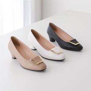 여자 클래식 사각 메탈버클 무지 정장 낮은굽 구두