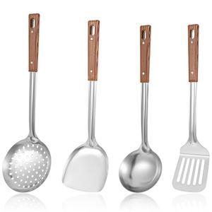 4피스 웍 조리 도구 세트 - 내열 손잡이가 있는 스테인리스 웍 도구(주걱, 국자, 스키머, 슬롯 스푼)