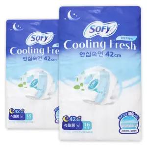 쏘피 쿨링 프레쉬 안심숙면 슈퍼롱 42cm 생리대 SOFY 16개입 2팩