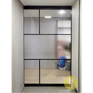 [바른도어]18번 원슬라이딩중문 유리분할형 블랙 투명망입(부식)+아쿠아강화유리