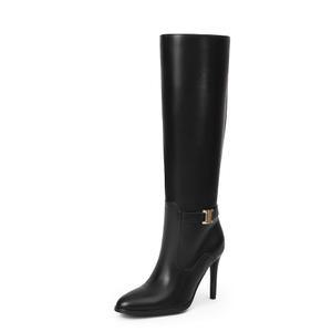 여성용 이임무 무릎 하이 부츠 4인치 스틸레토 힐 지퍼리스 소프트 인조 가죽 톨 라운드 토 16인치 샤프트