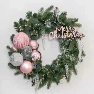 크리스마스 리스 벽장식 쥬얼리 핑크 450mm 벽걸이 소품 현관 문 카페 입구 데코 꾸미기 겨울 인테리어