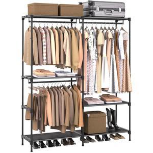 카사마야 옷걸이, 휴대용 옷장, 54.3인치 대용량 선반과 3개의 걸이봉이 있는 옷 보관 정리함, 조립하기 쉬운, 검은색 PCT022B01