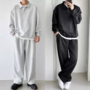 [미니멀무드/4XL] M버튼맨투맨 세트 카라티 와이드팬츠 데일리 셋업 빅사이즈까지