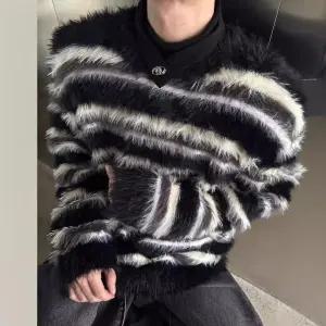 EAMT 남자 라운드넥 니트 앙고라 블랙 화이트 스트라이프 울 스웨터 고급 힛템