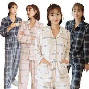 DOSSY 여성 밍크극세사 체크 카라형 겨울 스판 수면잠옷/파자마세트