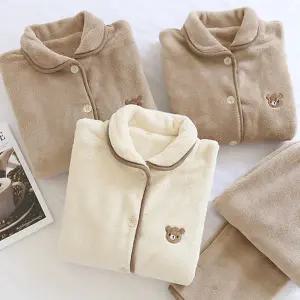 [코지몽]패밀리 남성용 여성용 커플 자수 곰돌이 무늬 극세사 수면 겨울 잠옷 상하의 세트