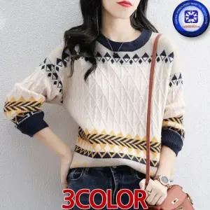 여성 봄가을 겨울 DIA 다이아몬드 레트로 콘트라스트 라운드넥 니트티 3칼라 /3