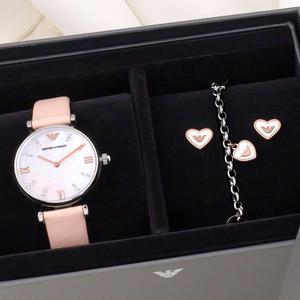 알마니 AR8039 러블리 핑크 화이트 자개 데일리 팔찌 귀걸이 세트 여자 가죽 시계 c