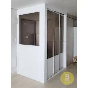 [바른도어]12번 ㄱ자중문 파티션 초슬림3연동 화이트 브론즈강화유리