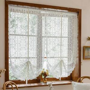 후이얼쉰 화이트 레이스 세미 시어 타이업 커튼 70인치 길이 2개 패널 세트, 자수 조절 가능한 풍선 로마 음영 막대 포켓 카페 커튼 침실 거실 작은 창문 화이트 B 24 x70