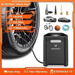 새로운 ETENWOLF V3 휴대용 타이어 공기 주입기 펌프 160 PSI 자동차 컴프레서 100% 듀티 사이클 7800mAh 에어 펌프 (자동차, 오토바이, 자전거용)