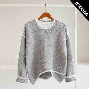 [잇수다] 란테네 라인배색 언발 루즈핏 라운드 울 니트