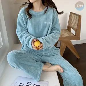 겨울 극세사 수면잠옷 기모 긴팔 홈웨어 세트 여성 파자마