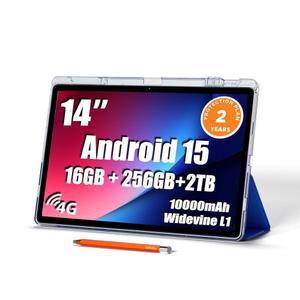 14인치 대형 스크린 태블릿, 안드로이드 15 태블릿 16GB RAM 256GB ROM, 1920 * 1200 IPS FHD 디스플레이, 와이드바인 L1, 10000mAh 18W 충전, Wi-Fi 및 블루투스, 4G LTE, 스탠드 케이스 스타일러스