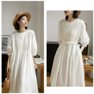 60수 순면 앞뒤 크레이프 캐주얼 반팔 화이트 원피스