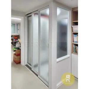 [바른도어]62번 ㄱ자중문 파티션 초슬림3연동 화이트 샤틴투명강화유리