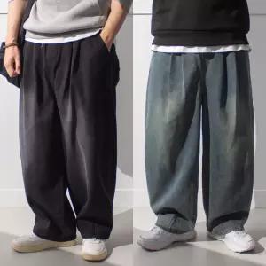 벌룬 와이드 밴딩 데님 팬츠 / 허벅돼 핀턱 편한 와이드 청바지 흑청 진청