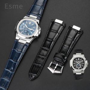 파텍 필립 노틸러스 시리즈 5711 5980 스틸 조인트가 있는 정품 가죽 방수 시계 스트랩 25mm