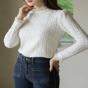 [스타일온미][루이스엔젤] 포근 엠보 더블 프릴넥 슬림 블라우스 티