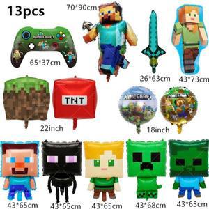 마인크래프트 풍선 픽셀 생일 배너 게임 파티 장식 용품 일회용 케이크 토퍼 스티커 장난감