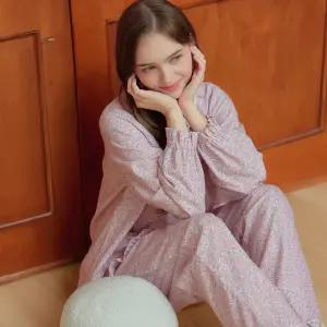 메이플라워 베이비핑크잔꽃 긴팔 약기모 순면 여성 빅사이즈 잠옷 세트