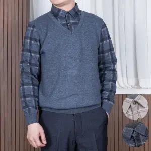 중년 남성 두툼 기모안감 노블핏 체크셔츠 일체형 니트 베스트 882
