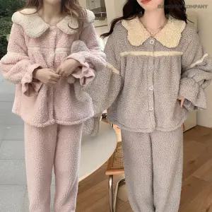 이너퀸 프리수 여성용 겨울 양털 레이스 카라 수면 극세사 밍크 오픈형 셔츠형 투피스 밴딩 시보리 수면바지 상하의 세트 양털레이스세트