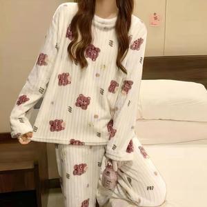 곰돌이 수면 잠옷 세트 극세사 겨울 실내복 우정 파자마 동물 캐릭터 중학생 주니어 성인 여성 두꺼운 홈웨어