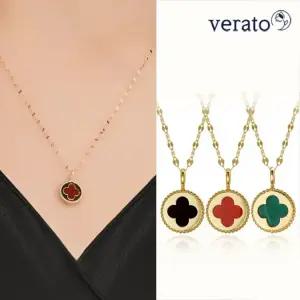 베라토 18K 천연 크로버 목걸이 네잎 클로버 오닉스 말라카이트 펜던트 크로바 여자 여성 슬림 체인 줄