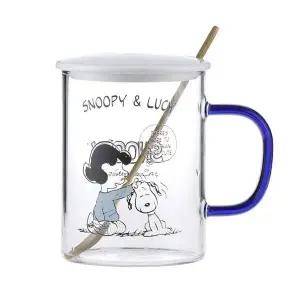 고품질 스누피 뚜껑 유리컵 숟가락 세트 370ml-블루 (WEB07EF)