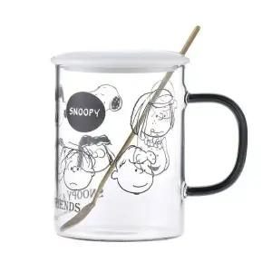 고품질 스누피 뚜껑 유리컵 숟가락 세트 370ml-블랙 (WEB07ED)
