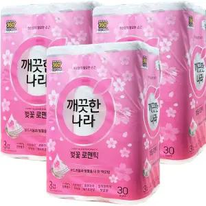 깨끗한나라 벚꽃 로맨틱 3겹 화장지 27m 30롤 3팩 (90롤)