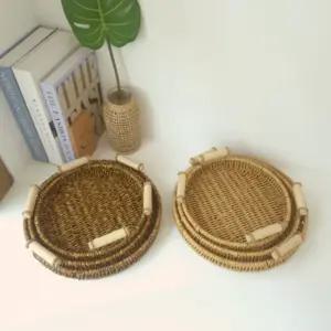대나무바구니 과일 디저트 간식 원형 라탄 왕골 나무 우드 손잡이 쟁반 트레이 바구니 바스켓