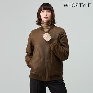 후스타일 여성 니트밴딩 레더 블루종 자켓 다크브라운