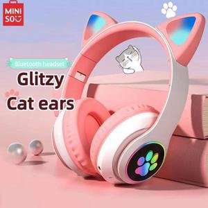 MINISO 무선 헤드폰 고양이 귀 블루투스 이어폰 스테레오 음악 버드 스포츠 게임용 (휴대폰 마이크 포함)