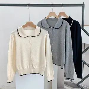 [옷자락]여성 간절기 양모 배색 둥근카라넥 긴팔 가디건