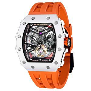 차르 봄바 남성용 자동 시계 토나우 럭셔리 스켈레톤 기계식 50M 방수 아날로그 유니크 쿨 스퀘어 빅 페이스 다이얼 실리콘 스트랩 밴드 손목시계