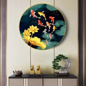 원형비단잉어그림 황금 들어오는 비단 물고기 재물과 주는 돈