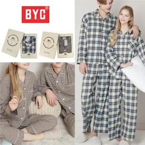 BYC 면기모 긴팔파자마 면100% 도톰한 순면잠옷세트 여자 남자 커플용 홈웨어 실내복상하