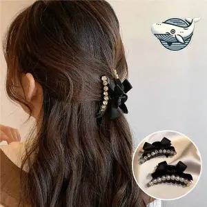 [콩심팥심]진주 리본 여신 헤어핀 블랙 큐빅 미니 집게핀