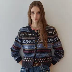 [MAXZA] 리본 노르딕 패턴 라운드넥 니트 가디건